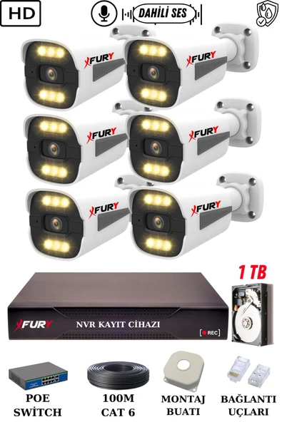 FURY 6 Kameralı Ip Güvenlik Kamerası Seti Sesli 4mp Gece Renkli Su Geçirmez 1506s 1TB ürün görseli 1
