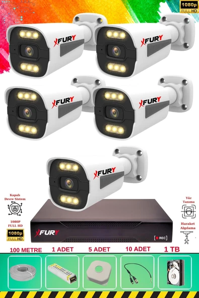 FURY 5 Kameralı 6 Warm Led Gece Renkli Görüş-Cepten İzle-Su Geçirmez Güvenlik Kamerası Seti 1TB ürün görseli 1