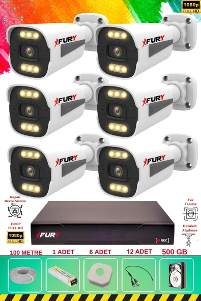 FURY 6 Kameralı 6 Warm Led Gece Renkli Görüş-Cepten İzle-Su Geçirmez Güvenlik Kamerası Seti 500GB ürün görseli 1