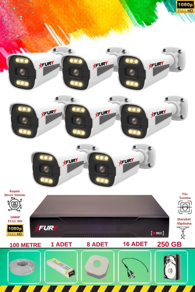 FURY 8 Kameralı 6 Warm Led Gece Renkli Görüş-Cepten İzle-Su Geçirmez Güvenlik Kamerası Seti 250GB ürün görseli 1