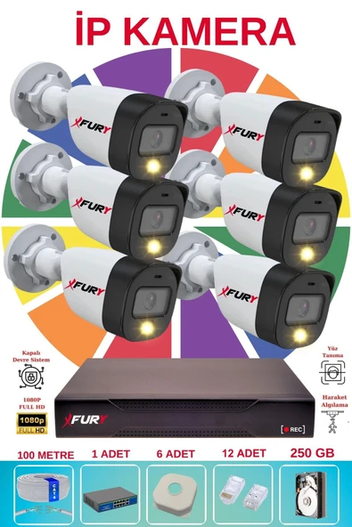FURY 6 lı Ip Güvenlik Kamera Seti Sesli 4mp Gece Renkli Su Geçirmez 5515s 250GB ürün görseli 1