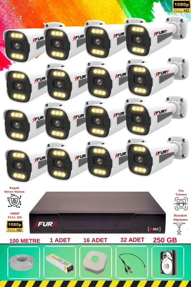 FURY 16 Kameralı 6 Warm Led Gece Renkli Görüş-Cepten İzle-Su Geçirmez Güvenlik Kamerası Seti 250GB ürün görseli 1