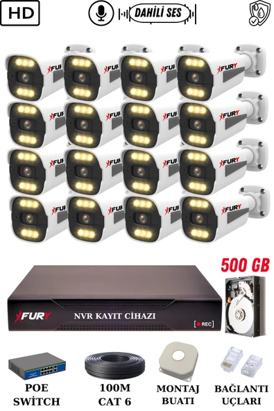 FURY 16 Kameralı Ip Güvenlik Kamerası Seti Sesli 4mp Gece Renkli Su Geçirmez 1506s 500GB ürün görseli 1