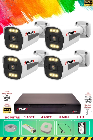 FURY 4 Kameralı 6 Warm Led Gece Renkli Görüş-Cepten İzle-Su Geçirmez Güvenlik Kamera Seti 1TB ürün görseli 1