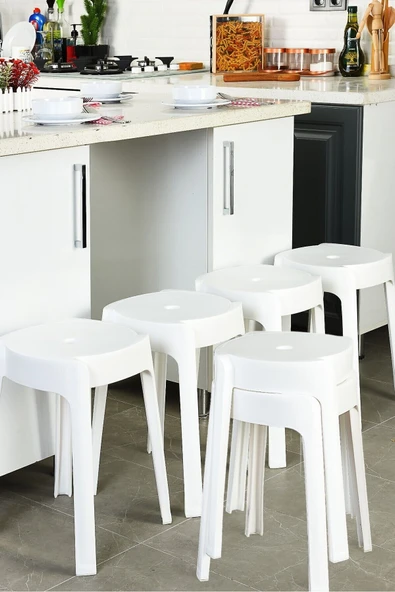İronika Kaymaz Ayaklı Dekoratif İç İçe Geçebilen Plastik Tabure Mutfak Bahçe Taburesi 6 Adet Beyaz ürün görseli 1