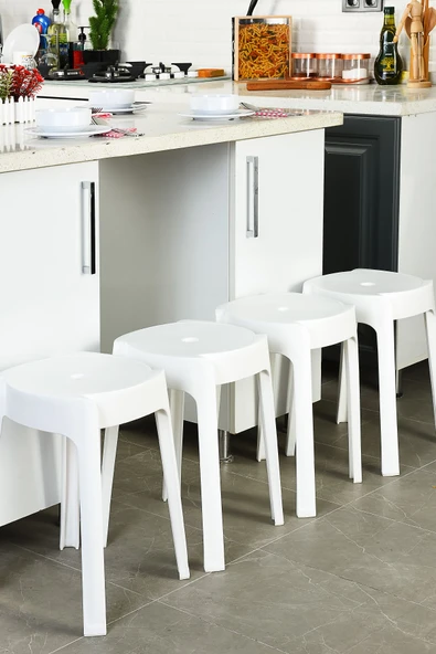 İronika Kaymaz Ayaklı Dekoratif İç İçe Geçebilen Plastik Tabure Mutfak Bahçe Taburesi 4 Adet Beyaz ürün görseli 1
