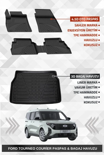 Sahler Ford Tourneo Courier 2024+ Uyumlu 4.5D Premium Havuzlu Oto Paspas ve Liner Marka 3D Bagaj Havuzu ürün görseli 1