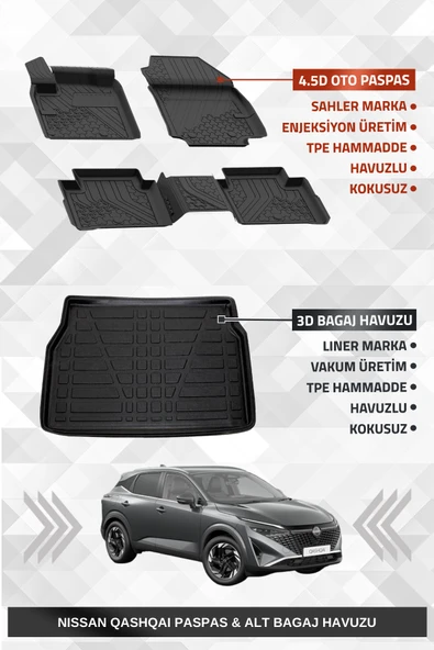 Sahler Qashqai 2022+ Benzinli Uyumlu 4.5D Premium Havuzlu Oto Paspas ve Liner Marka 3D ALT Bagaj Havuzu ürün görseli 1