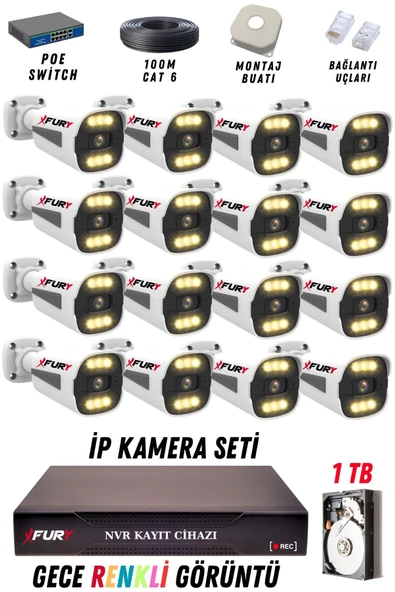 FURY 16 Kameralı Ip Güvenlik Kamerası Seti 4mp Gece Renkli Su Geçirmez 1506 1TB ürün görseli 1