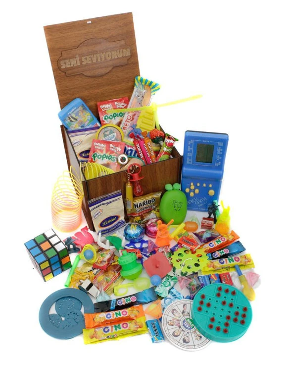 Nostaljik Bakkal Ahşap Gıda Ve Oyuncak Kutusu Mavi Tetris ( Seni Seviyorum ) ürün görseli 1