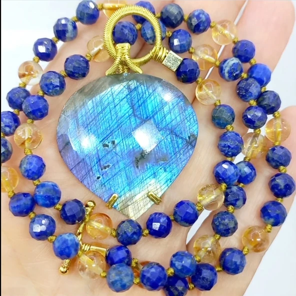 2168 Labradorit Lapis lazuli Sitrin el yapımı düğümlü kolye ürün görseli 1