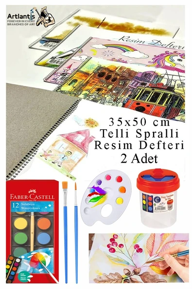 12 Renk Sulu Boya 35x50 cm Telli Spralli Resim Defteri Resim Paleti Resim Fırçası Temizleme Kabı Suluboya Okul Öğrenci ürün görseli 1