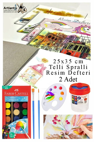 21 Renk Sulu Boya 25x35 cm Telli Spralli Resim Defteri Resim Paleti Resim Fırçası Temizleme Kabı Suluboya Okul Öğrenci ürün görseli 1