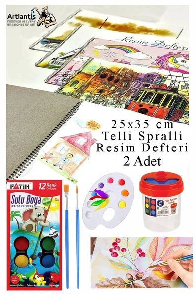 12 Renk Fatih Sulu Boya 25x35 cm Telli Spralli Resim Defteri Resim Paleti Resim Fırçası Temizleme Kabı Suluboya Okul ürün görseli 1