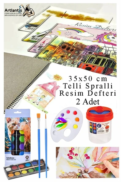 12 Renk Brons Sulu Boya 35x50 cm Telli Spralli Resim Defteri Resim Paleti Resim Fırçası Temizleme Kabı Suluboya Okul ürün görseli 1