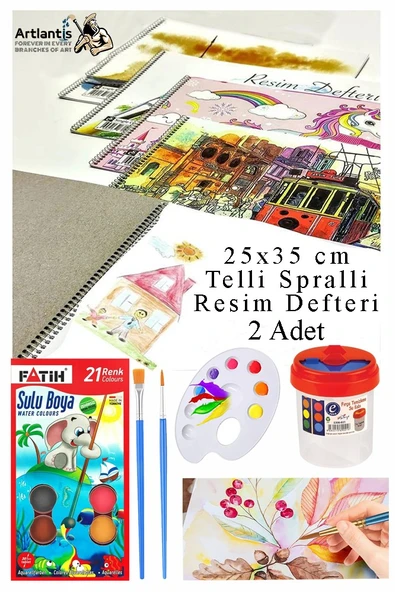 21 Renk Fatih Sulu Boya 25x35 cm Telli Spralli Resim Defteri Resim Paleti Resim Fırçası Temizleme Kabı Suluboya Okul ürün görseli 1