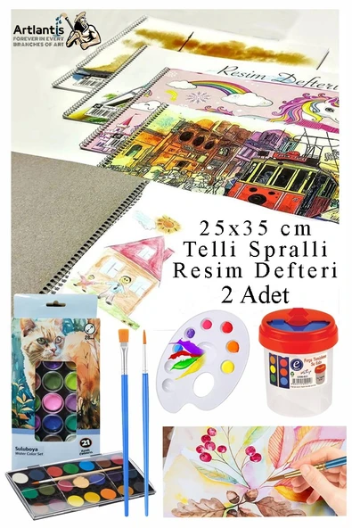 21 Renk Brons Sulu Boya 25x35 cm Telli Spralli Resim Defteri Resim Paleti Resim Fırçası Temizleme Kabı Suluboya Okul ürün görseli 1