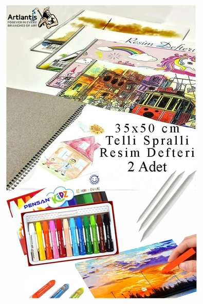 12 Renk Pensan Pastel Boya 35x50 cm Telli Spralli Resim Defteri Pastel Dağıtma Kalemi 15 Yaprak Resim Defteri Yağlı ürün görseli 1