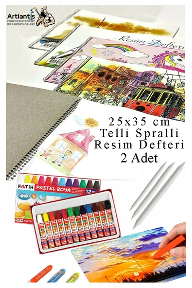 12 Renk Fatih Pastel Boya 25x35 cm Telli Spralli Resim Defteri Pastel Dağıtma Kalemi 15 Yaprak Resim Defteri Yağlı ürün görseli 1