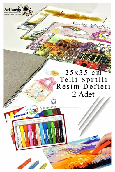 12 Renk Pensan Pastel Boya 25x35 cm Telli Spralli Resim Defteri Pastel Dağıtma Kalemi 15 Yaprak Resim Defteri Yağlı ürün görseli 1