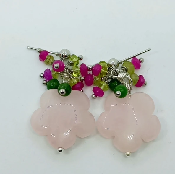 2150 Pembe kuvars el oyması küpe - Resim 4