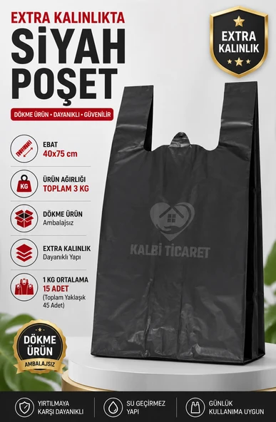 Ekstra Kalın Siyah Poşet 40x75 cm 3 Kg Dayanıklı Atlet Poşet Dökme Siyah Battal Boy Çöp Poşeti ürün görseli 1