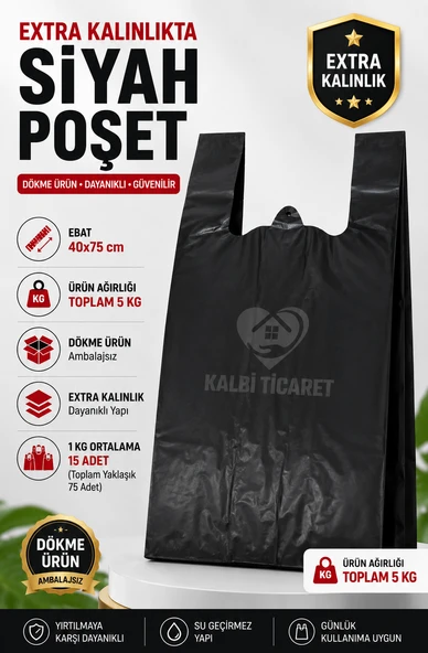 Ekstra Kalın Siyah Poşet 40x75 cm 5 Kg Dayanıklı Atlet Poşet Dökme Siyah Battal Boy Çöp Poşeti ürün görseli 1