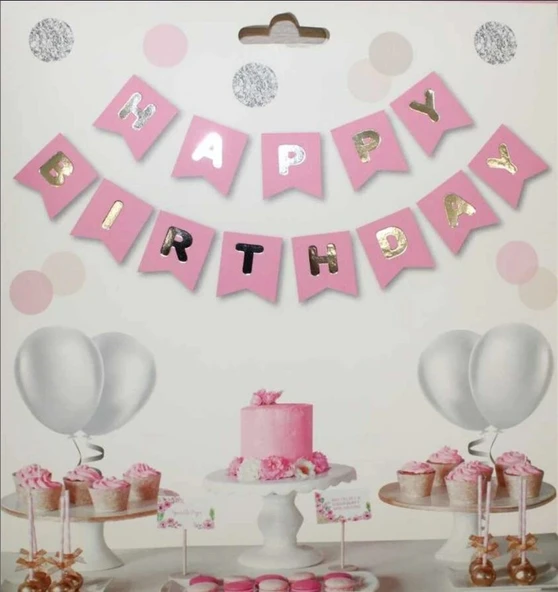 PEMBE -GÜMÜŞ HAPPY BIRTHDAY BANNER ürün görseli 1