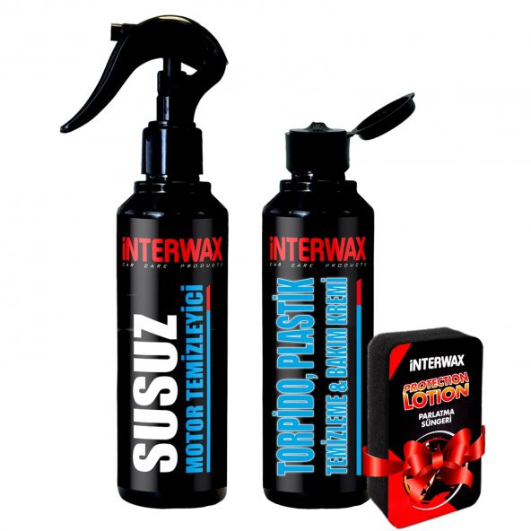 INTERWAX 2Lİ OTO BAKIM ve TEMİZLİK SETİ SUSUZ MOTOR TEMİZLEYİCİ + TORPİDO PARLATICI KREM + SÜNGER ürün görseli 1