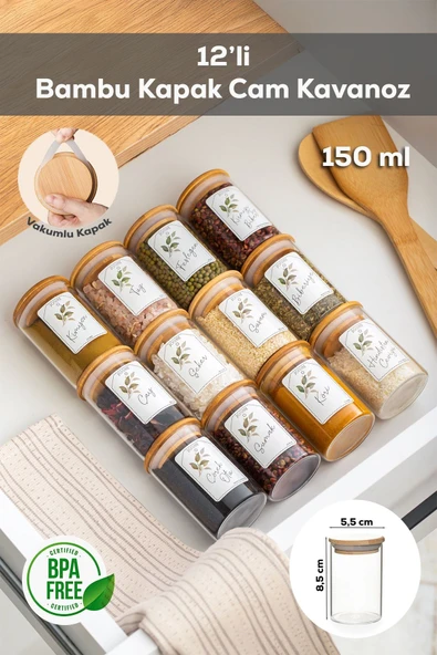 Porsima Cam 12'li Vakumlu Bambu Kapaklı Baharatlık Seti Takımı, Saklama Kabı Etiketli (150ML) ürün görseli 1
