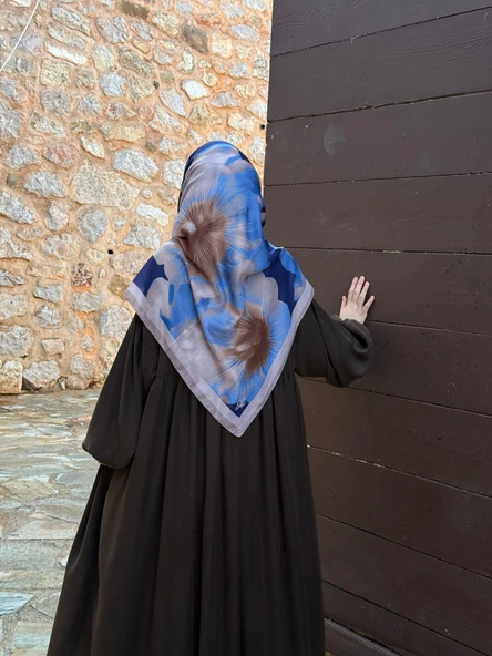 Pamuklu Flora Desen Eşarp-İndigo ürün görseli 1