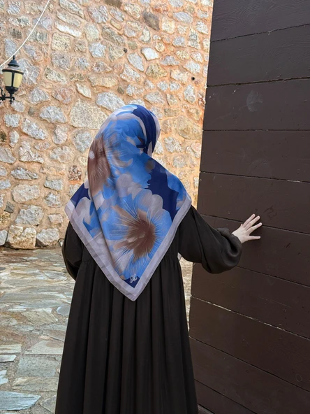 Pamuklu Flora Desen Eşarp-İndigo - Resim 4