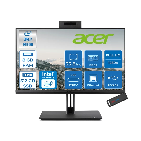 Acer Veriton 4000 VZ4714GT Intel Core I7 13700 8gb Ram 512GB SSD Freedos UHD Graphics 23.8" Yükseklik Ayarı, Pivot, Vesa Desteği Fullhd All In One Bilgisayar DQR03EM00GF02 + Zetta Flash Bellek ürün görseli 1