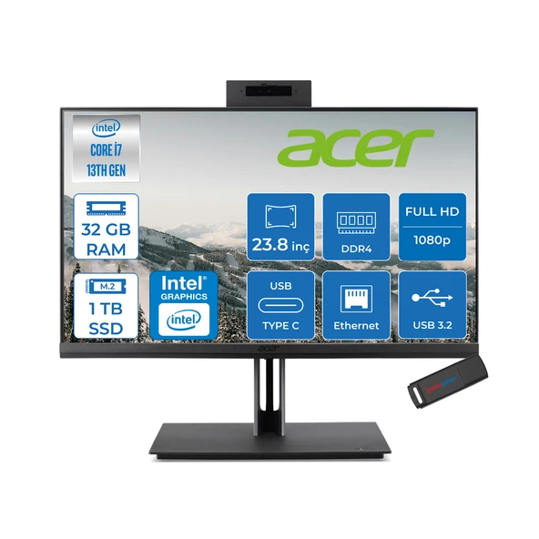 Acer Veriton 4000 VZ4714GT Intel Core I7 13700 32GB Ram 1tb SSD Freedos UHD Graphics 23.8" Yükseklik Ayarı, Pivot, Vesa Desteği Fullhd All In One Bilgisayar DQR03EM00GF18 + Zetta Flash Bellek ürün görseli 1