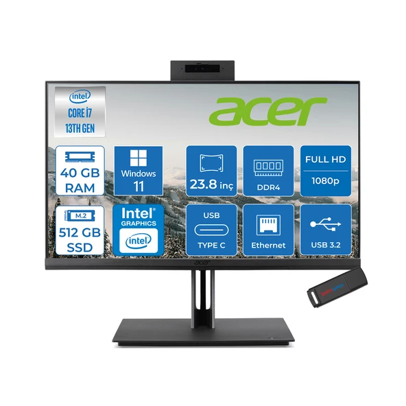 Acer Veriton 4000 VZ4714GT Intel Core I7 13700 40GB Ram 512GB SSD Windows 11 Home UHD Graphics 23.8" Yükseklik Ayarı, Pivot, Vesa Desteği Fullhd All In One DQR03EM00GH22 + Zetta Flash Bellek ürün görseli 1