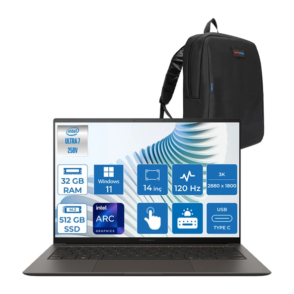 Asus Zenbook S 14 Intel Core Ultra 7 258V 32GB LPDDR5X 512GB SSD Intel Arc Graphics 14" 3k OLED (2880 x 1800) 120hz 500NIT Windows 11 Pro Dokunmatik Taşınabilir Bilgisayar UX5406SA01 + Zettaçanta ürün görseli 1