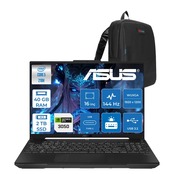 Asus Tuf Gaming F16 FX607VJ Intel Core 5-210H 40GB 2tb SSD RTX3050 6gb 16 Inç Wuxga 144Hz IPS Freedos Gaming Notebook RL033F24 + Zetta Çanta ürün görseli 1