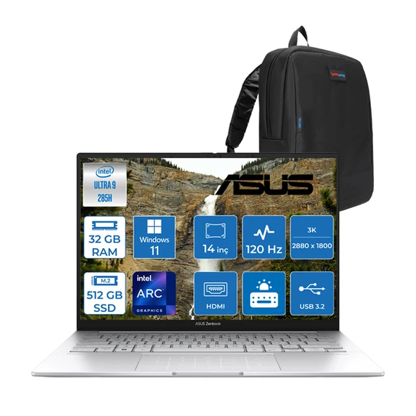 Asus Zenbook 14 Intel Core Ultra 9 285H 32GB LPDDR5X 512GB 14" 3k OLED 120Hz 600NIT Intel Arc Graphics Windows 11 Home Taşınabilir Bilgisayar UX3405CAH01 + Zettaçanta ürün görseli 1