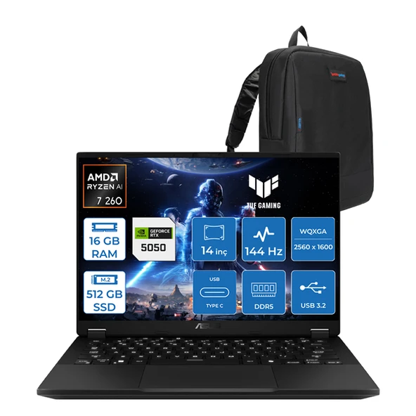 Asus Tuf Gaming A14 Ryzen 7 260 16GB LPDDR5X 512GB SSD 8GB/RTX5050/105W Freedos 14" 2.5k Wqxga IPS SRGB:%100 165Hz Mux Switch Yapay Zeka Destekli Taşınabilir Bilgisayar FA401UHF01 +Zettaçanta ürün görseli 1