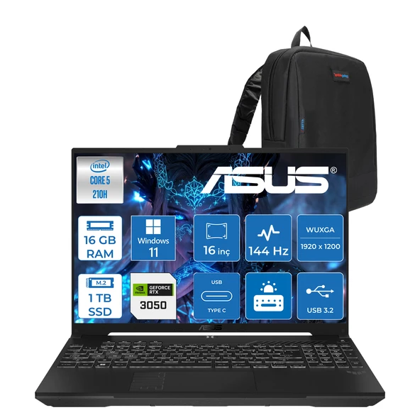 Asus Tuf Gaming F16 FX607VJ Intel Core 5-210H 16GB 1tb SSD RTX3050 6gb 16 Inç Wuxga 144Hz IPS Windows 11 Pro Gaming Notebook RL033P08 + Zetta Çanta ürün görseli 1