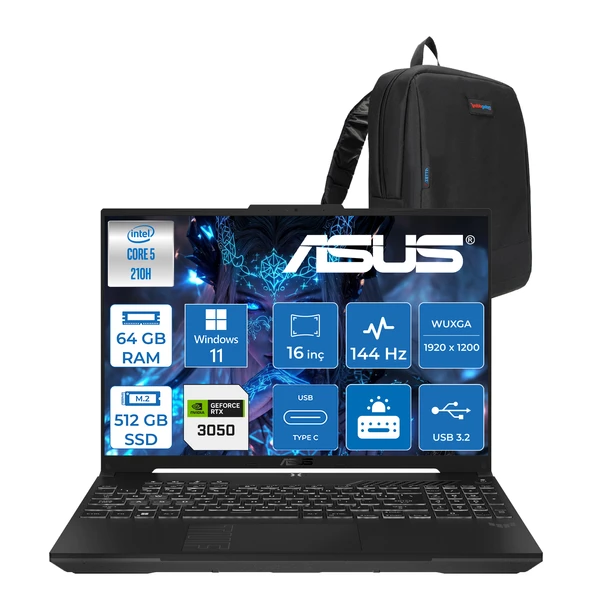 Asus Tuf Gaming F16 FX607VJ Intel Core 5-210H 64GB 512GB SSD RTX3050 6gb 16 Inç Wuxga 144Hz IPS Windows 11 Pro Gaming Notebook RL033P32 + Zetta Çanta ürün görseli 1