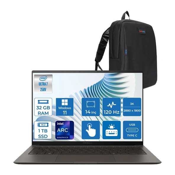 Asus Zenbook S 14 Intel Core Ultra 7 258V 32GB LPDDR5X 1tb SSD Intel Arc Graphics 14" 3k OLED (2880 x 1800) 120hz 500NIT Windows 11 Pro Dokunmatik Taşınabilir Bilgisayar UX5406SA02 + Zettaçanta ürün görseli 1