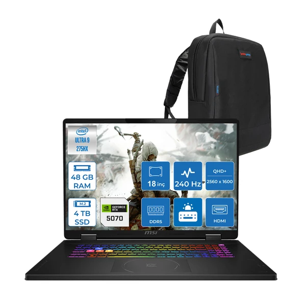 Msı Crosshaır 18 Hx Aı A2XWGKG-032XTR Intel Core Ultra 9-275HX Aı 48GB 4tb SSD 8GB/RTX5070 Gddr7 115W 18"2.5k (2560 x 1600, Wqxga) 240Hz  Freedos Taşınabilir Bilgisayar W032XTRF23+ZETTAÇANTA ürün görseli 1