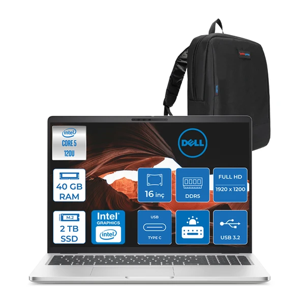 Dell Pro 16 Plus Ultra Core 5 120U 40GB Ddr5 2tb SSD Intel Graphics 16" Fhd+ 300NIT Windows 11 Home Taşınabilir Bilgisayar U5120U165UH15 + Zettaçanta ürün görseli 1