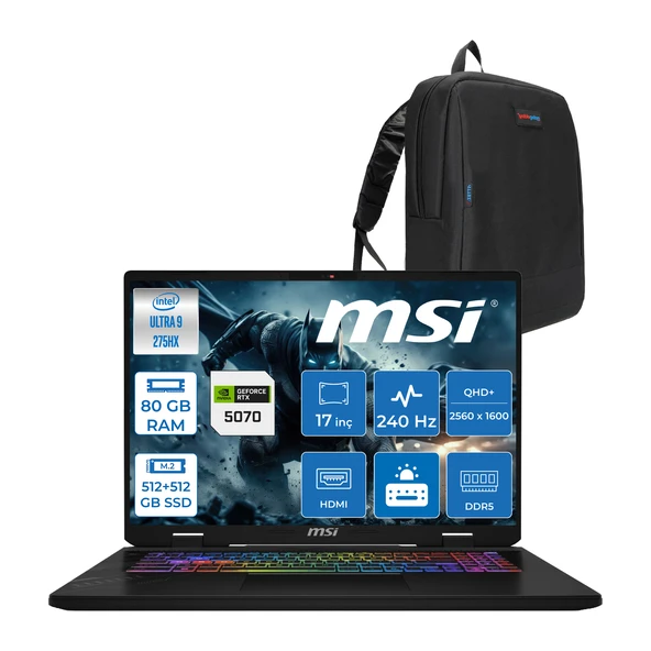 Msı Crosshaır 17 Hx Aı D2XWGKG-017TR Intel Core Ultra 9-275HX Aı 80GB 512GB+512GB SSD 8GB/RTX5070 Gddr7 115W 18"2.5k (2560 x 1600, Wqxga) 240Hz  Freedos Gaming Laptop W017TRF34+ZETTAÇANTA ürün görseli 1