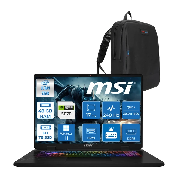 MSI Crosshaır 17 Hx Aı D2XWGKG-017TR Intel Core Ultra 9-275HX Aı 48GB 1tb Ssd+1tb SSD 8GB/RTX5070 Gddr7 115W 18"2.5k (2560 x 1600, Wqxga) 240Hz  WINDOWS11HOME Gaming Laptop W017TRH20+ZETTAÇANTA ürün görseli 1