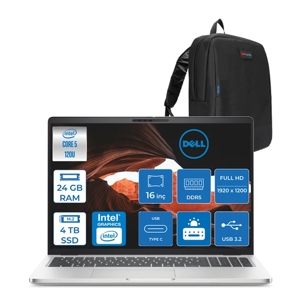 Dell Pro 16 Plus Ultra Core 5 120U 24GB Ddr5 4tb SSD Intel Graphics 16" Fhd+ 300NIT Windows 11 Home Taşınabilir Bilgisayar U5120U165UH08 + Zettaçanta ürün görseli 1