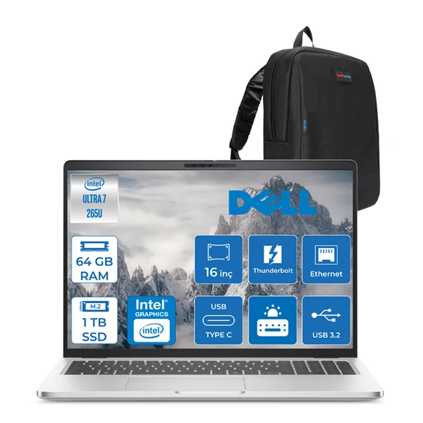 Dell Pro 16 Plus Ultra Core 7 265U 64GB Ddr5 1tb SSD Intel Graphics 16" Fhd+ 300NIT Windows 11 Home Taşınabilir Bilgisayar U7265U165UH22 + Zettaçanta ürün görseli 1