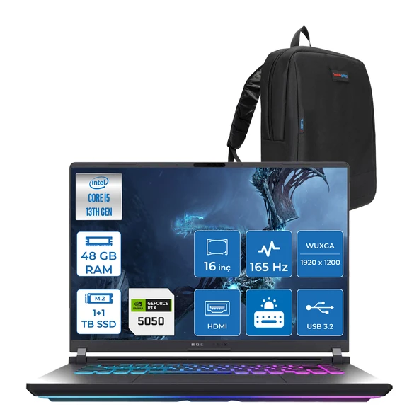 Asus Rog Strix G16 G615JH-RV053 Intel Core I5-13450HX 48GB 1tb Ssd+1tb SSD 8GB/RTX5050 Gddr7 115W 16" Wuxga 165Hz 3ms IPS Freedos Gaming Laptop WRX053F20+ZETTAÇANTA ürün görseli 1