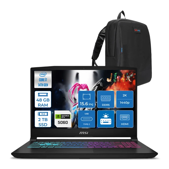 Msı Katana 15 Hx B14WFK-449XTR 14. Nesil Intel İ7-14650HX 48GB Ddr5 2tb SSD 8GB/RTX5060 115W 15.6" Qhd 2560X1440 165Hz IPS Freedos Taşınabilir Bilgisayar. W449XTRF14+ZETTAÇANTA ürün görseli 1